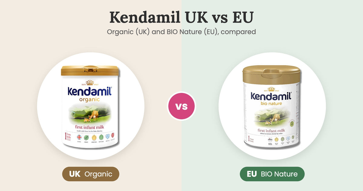 Kendamil Organic (UK) tin next to Kendamil BIO Nature (EU) tin