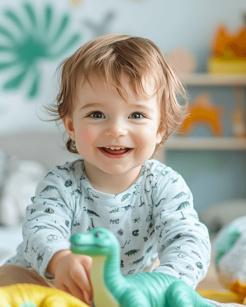 Baby wearing denim overalls with a heart design on a plain background