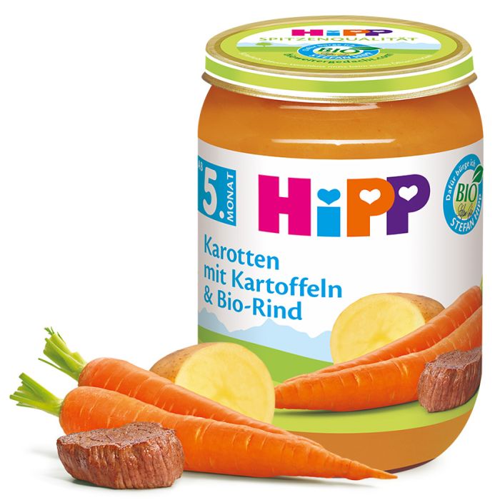 HiPP Organic Carrots with Potatoes & Beef 190g – actual jar (label language may vary)
