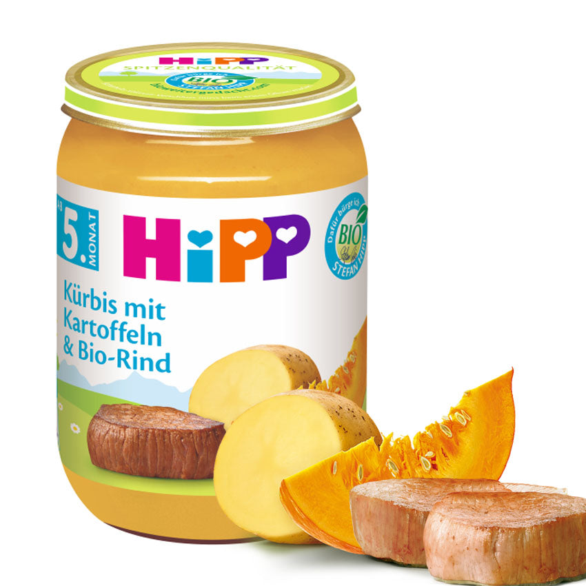 HiPP Organic Pumpkin with Potatoes & Beef 190g – actual jar (label language may vary)