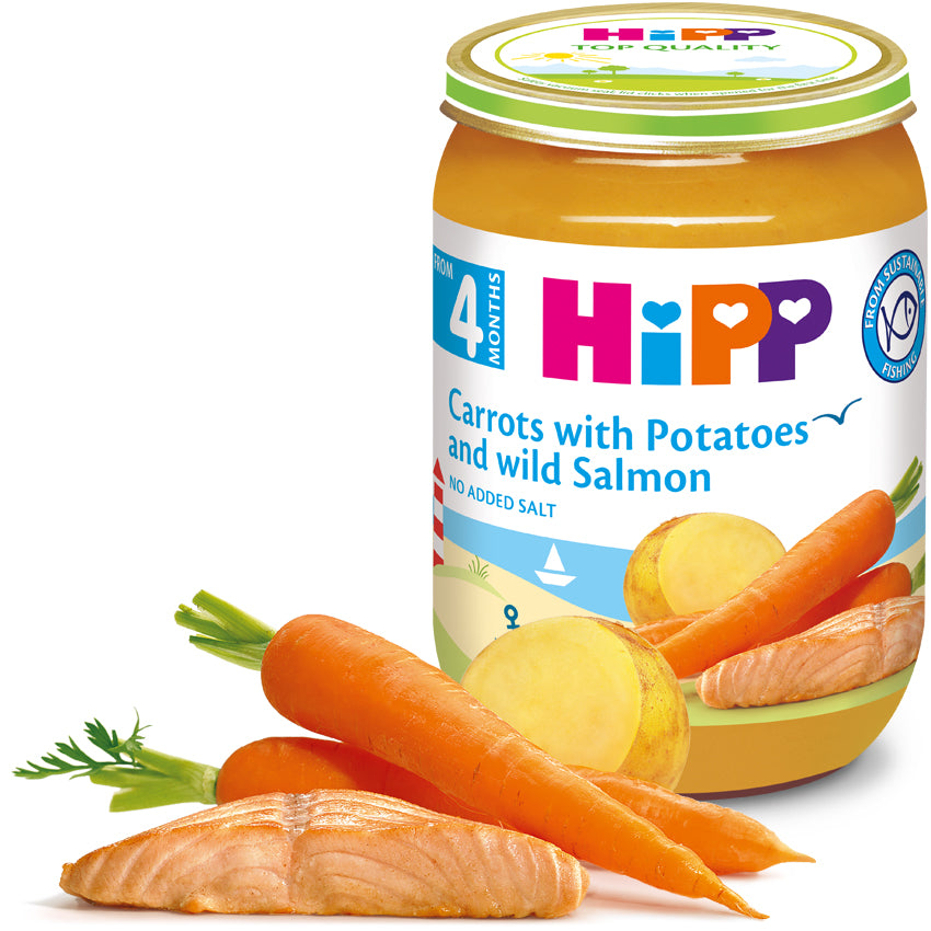 HiPP Organic Carrots with Potatoes & Wild Salmon 190g – actual jar (label language may vary)