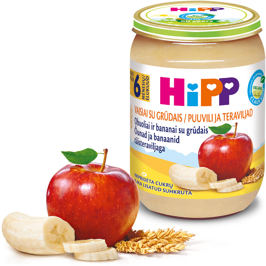 HiPP Organic Banana & Apple with Wholegrain 190g – actual jar (label language may vary)