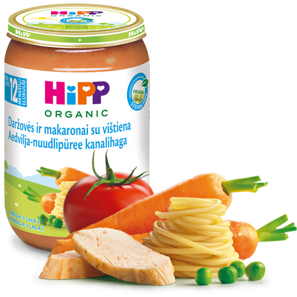 HiPP Organic Vegetables & Pasta with Chicken 220g – actual jar (label language may vary)