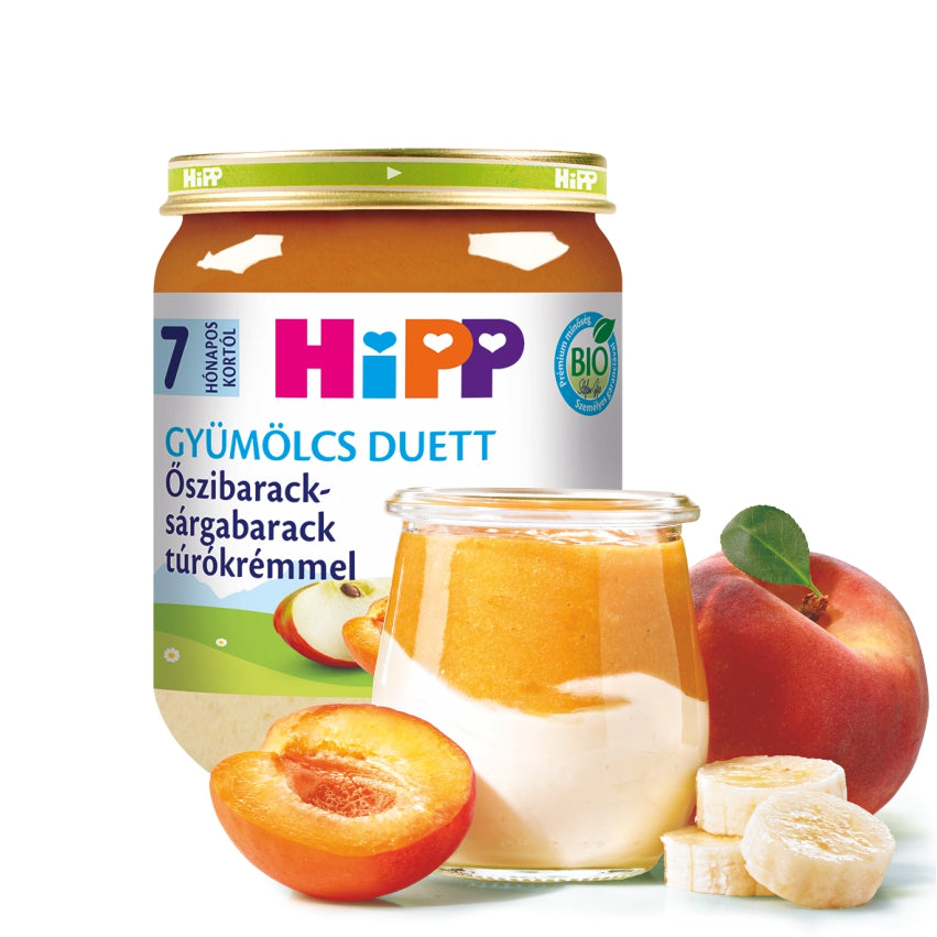 HiPP Organic Fruit Duet Peach & Apricot with Quark Cream 160g – actual jar (label language may vary)