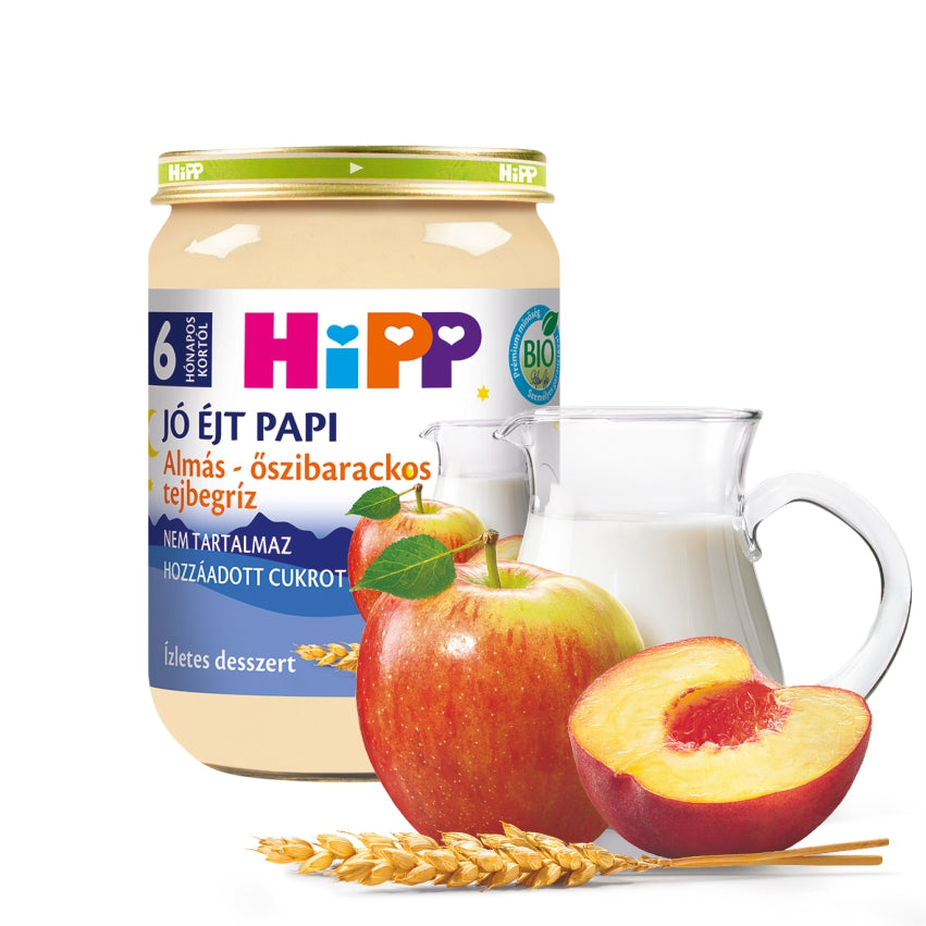 HiPP Organic Good Night Milk Semolina with Apple & Peach 190g – actual jar (label language may vary)