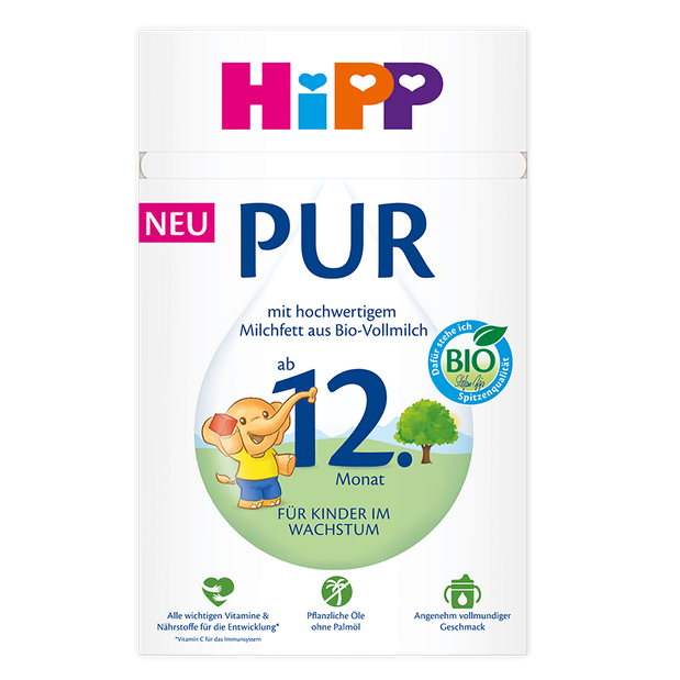 A white canister of Hipp Pur baby formula for 12 months, featuring the colorful Hipp logo and a green and white illustration of a child and lion on a plain white background.