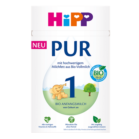 A white canister of Hipp Pur 1st organic infant formula with German text, featuring the colorful Hipp logo and a green bear illustration on a plain white background.