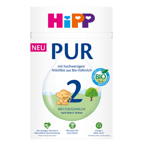 A canister of Hipp Pur 2 Bio Full-Milk Powder with cow and mare milk on a plain white background. The packaging is white with blue, green, and multicolor logo accents.