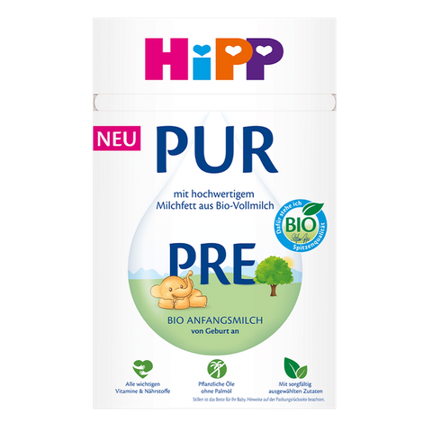 A white tub of Hipp Pur Pre organic cow's milk powder for babies, featuring the brand logo and product details on a clean white background.