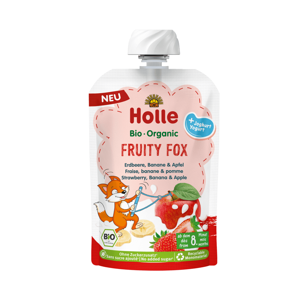 A single stand-up pouch of Holle Bio-Organic Fruity Fox baby food, featuring a white cap and a colorful label with a cartoon fox, strawberries, bananas, and apples on a plain white background.