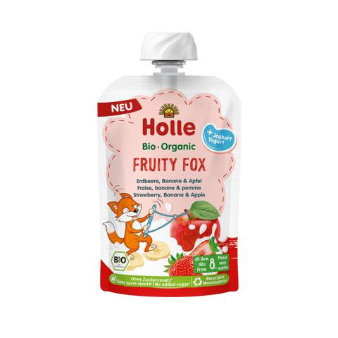 A single stand-up pouch of Holle Bio-Organic Fruity Fox baby food, featuring a white cap and a colorful label with a cartoon fox, strawberries, bananas, and apples on a plain white background.