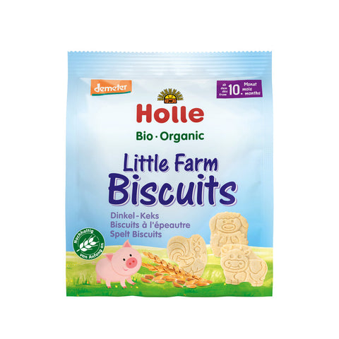 Holle organic Little Farm Biscuits packaging with cartoon animals and Demeter logo.