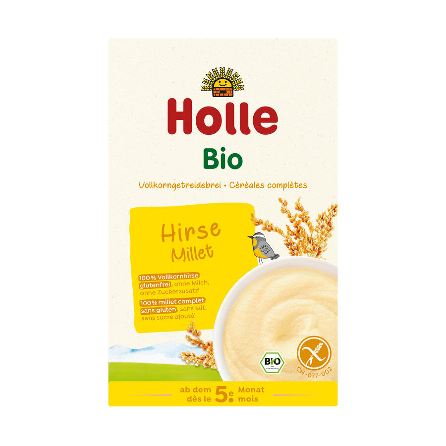 
                  
                    Holle Bio millet cereal packaging with a bowl of cereal and millet grains on a white background
                  
                