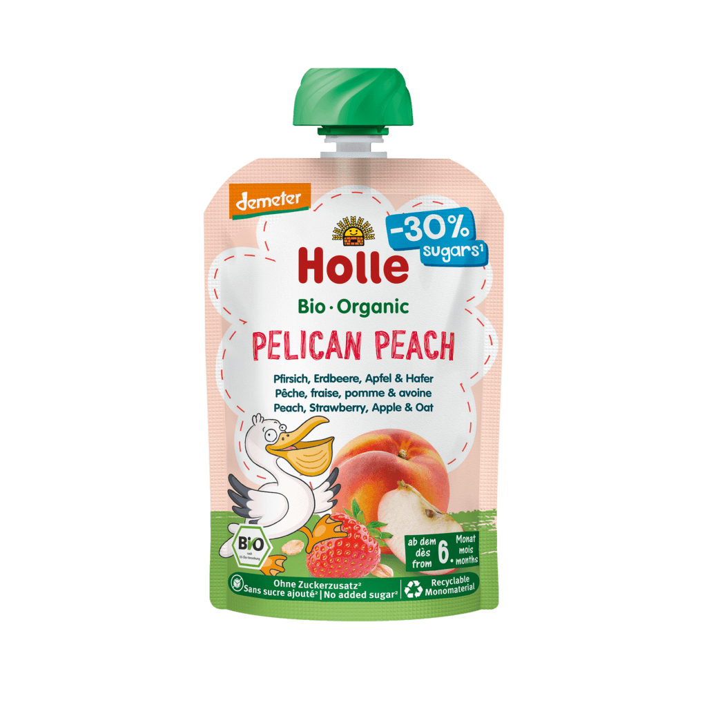 Holle organic baby food pouch with green cap on a white background