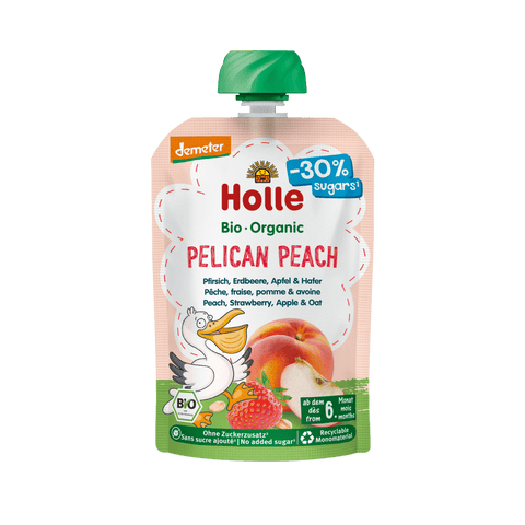 Holle organic baby food pouch with green cap on a white background