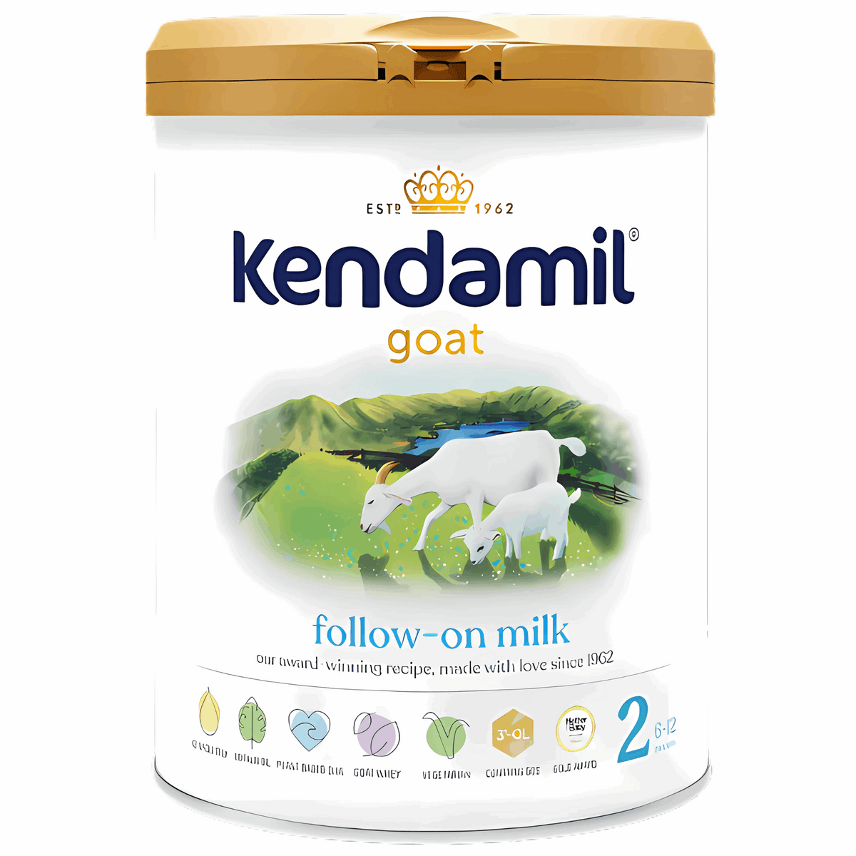 Kendamil goat follow-on milk container with gold lid on a white background