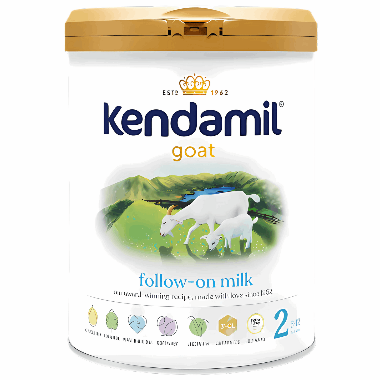 Kendamil goat follow-on milk container with gold lid on a white background