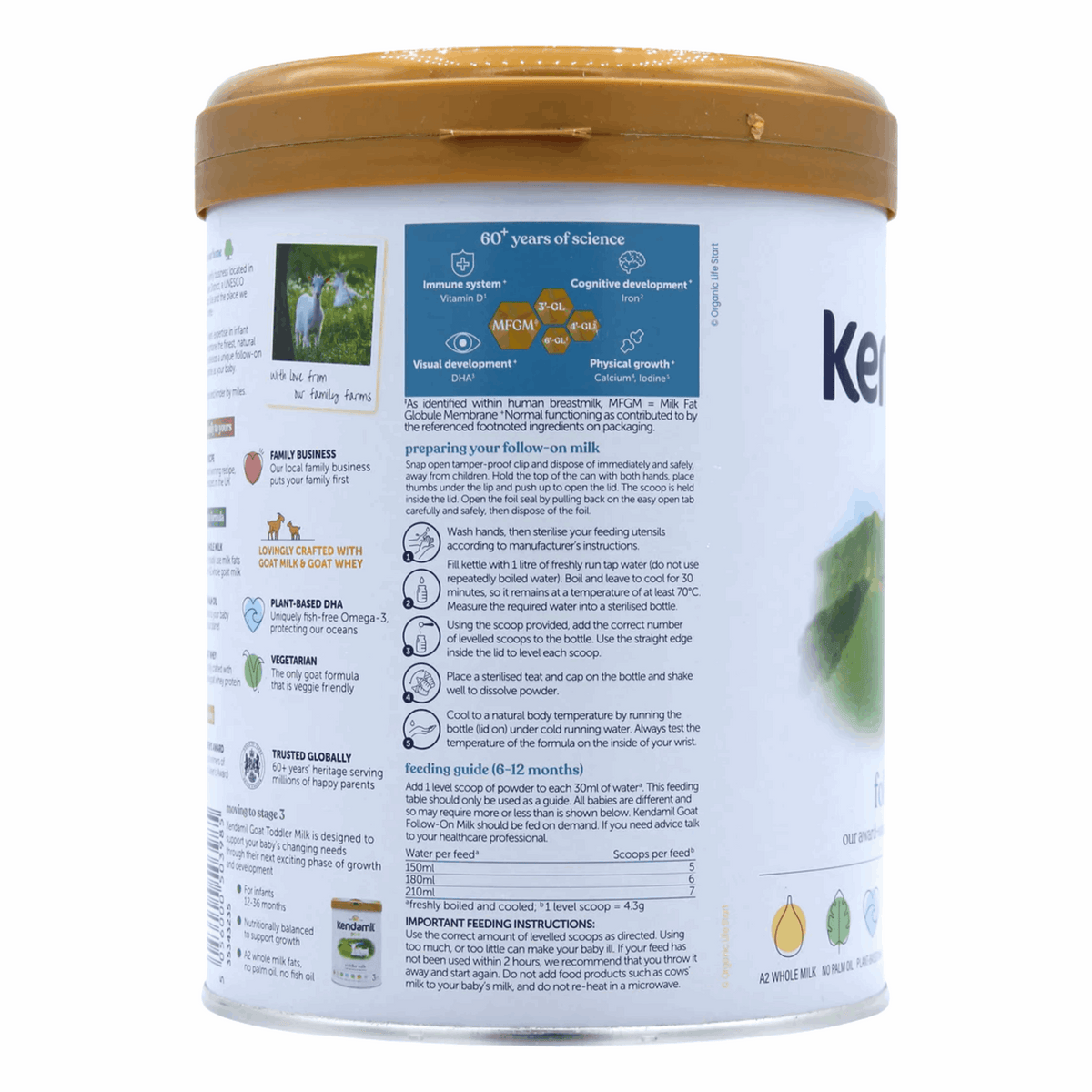 Kendamil Goat Stage 2 Follow-On Formula tin, back label
