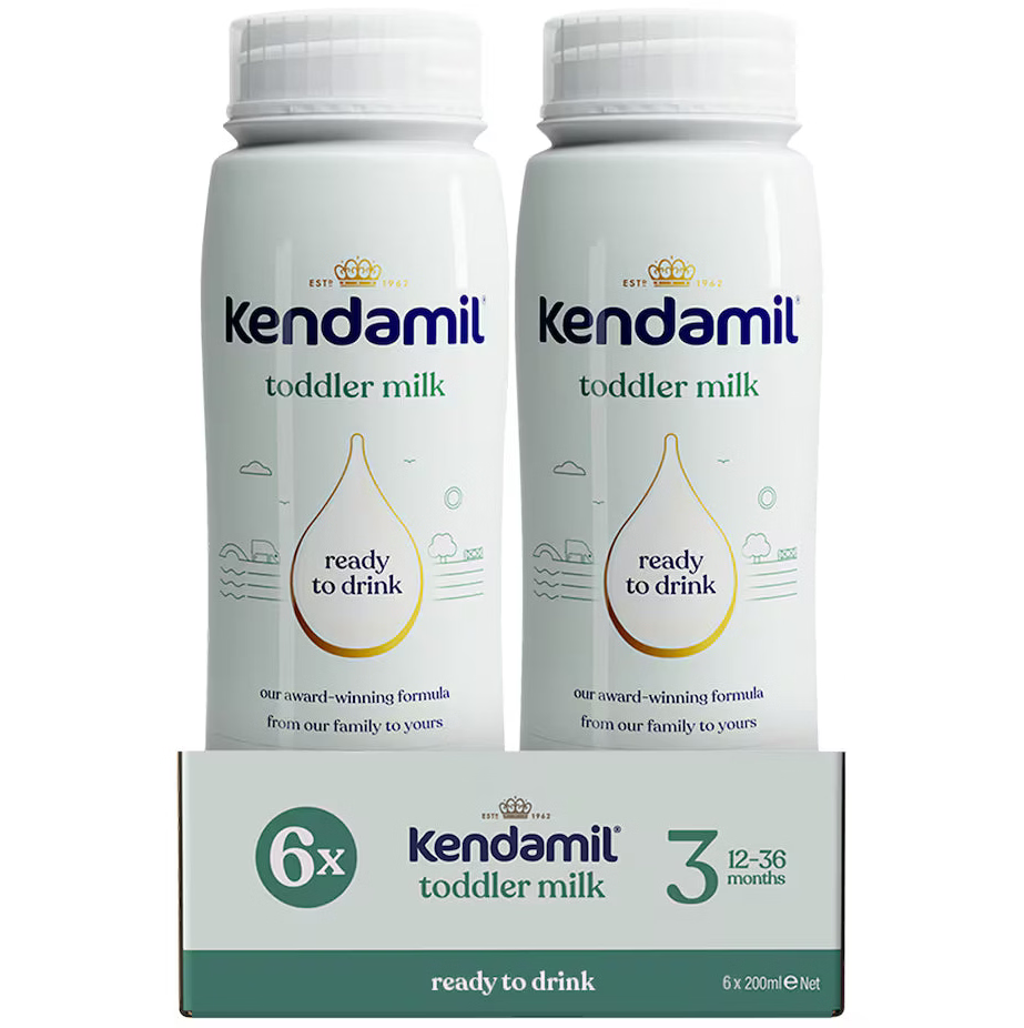 Two bottles of Kendamil toddler milk next to their retail box, shown on a clean white background. The packaging features the brand name 'Kendamil' in blue with a gold crown logo, and the bottles are white with blue and gold text and graphics.