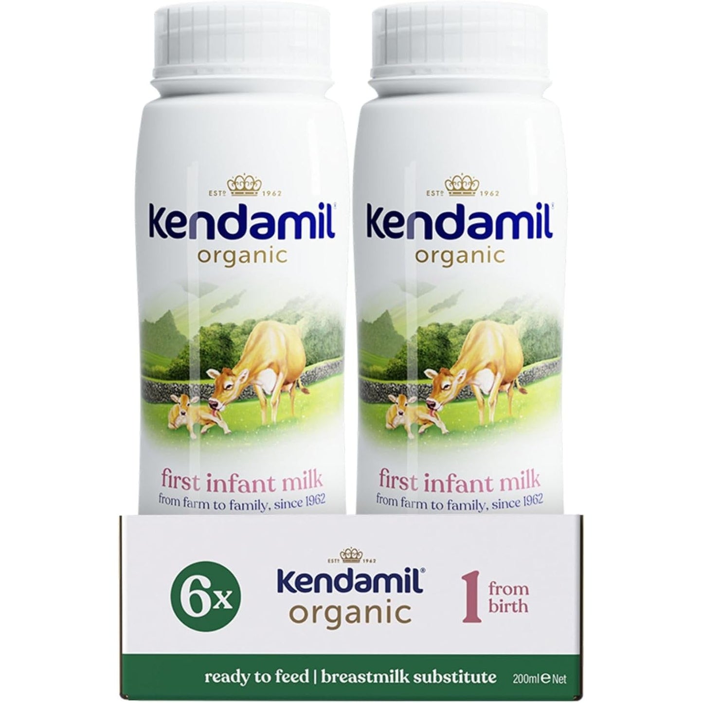 
                  
                    Two bottles of Kendamil organic first infant milk with a box in the background.
                  
                