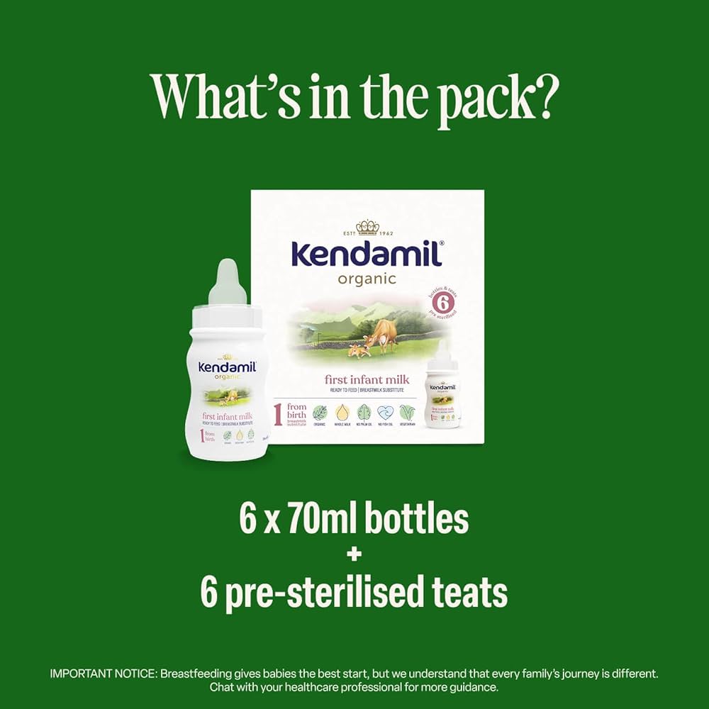 
                  
                    Kendamil organic baby milk packaging with a bottle on a green background
                  
                