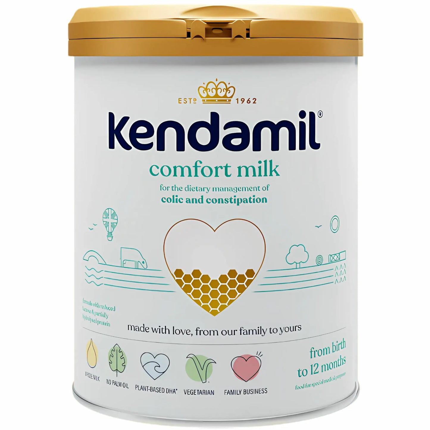 A canister of Kendamil Comfort Milk for colic and constipation, featuring a white body with a gold lid and gold honeycomb heart graphic, on a white background.