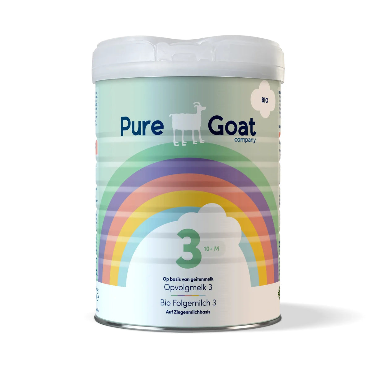 Canister of Pure Goat Company baby formula with rainbow design on a white background