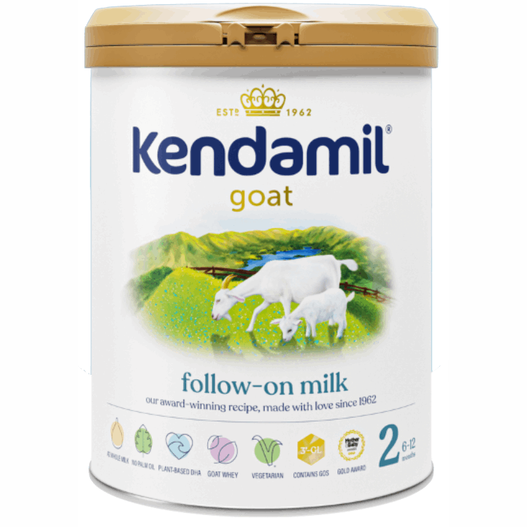 A tin of Kendamil Goat Follow-On Milk with an image of two goats on the label, indicating it is a baby formula milk.