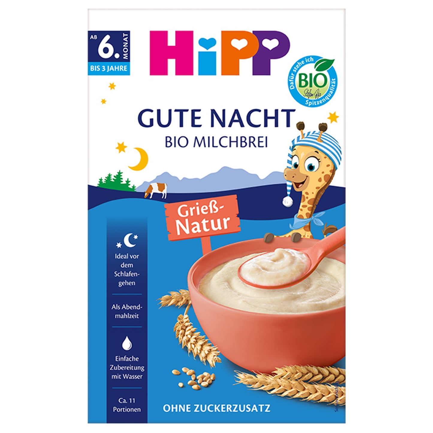 HiPP Gute Nacht Organic Semolina Milk Porridge (Bio Milchbrei Grieß-Natur), 475 g – new packaging