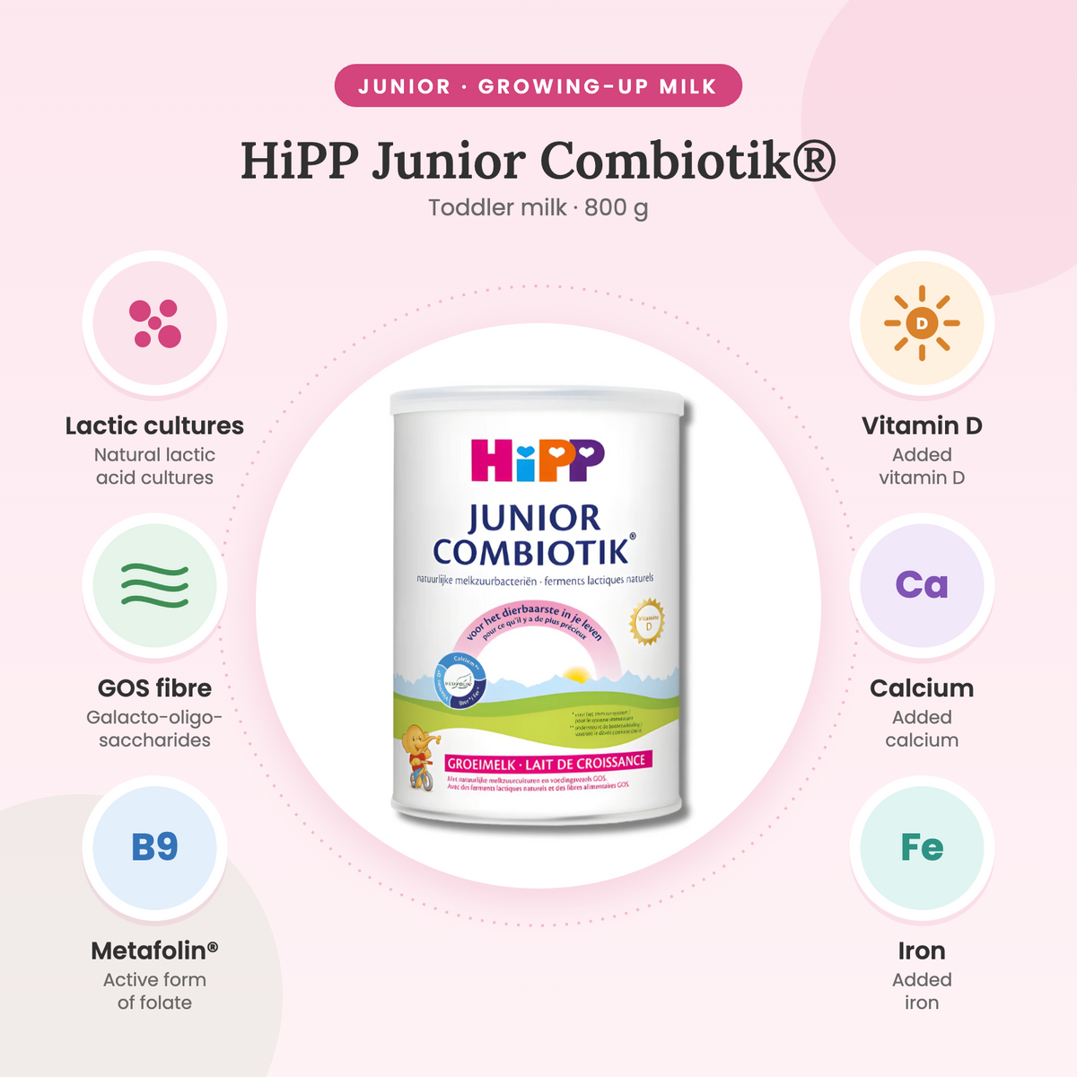 HiPP Dutch Junior Combiotik highlights: natural lactic acid cultures, GOS fibre, Metafolin (active folate), vitamin D, calcium, iron