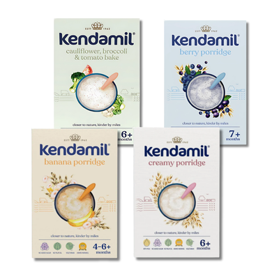 Four Kendamil baby porridge boxes arranged in a 2x2 grid on a white background. The boxes are for cauliflower, broccoli, and tomato bake; berry; banana; and creamy porridge, with age ratings 6+ and 7+ visible on the top right of the respective boxes.